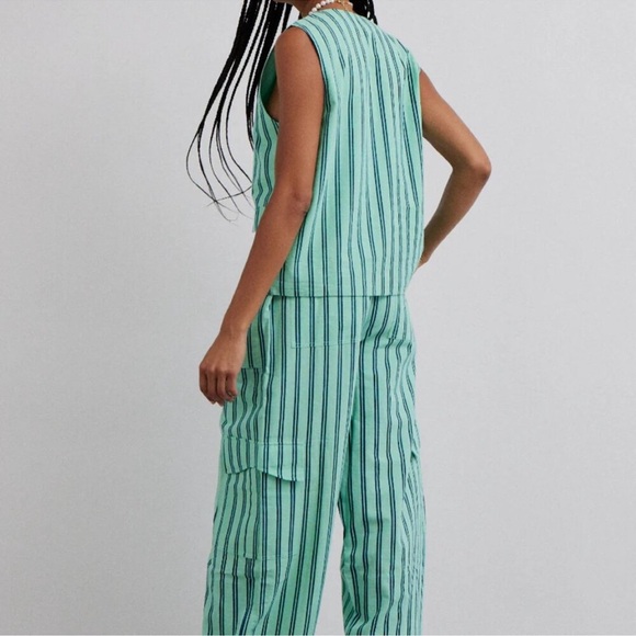 Damson Madder “sydney coastal cargo pants” mint green stripe drawstring linen - Picture 3 of 12